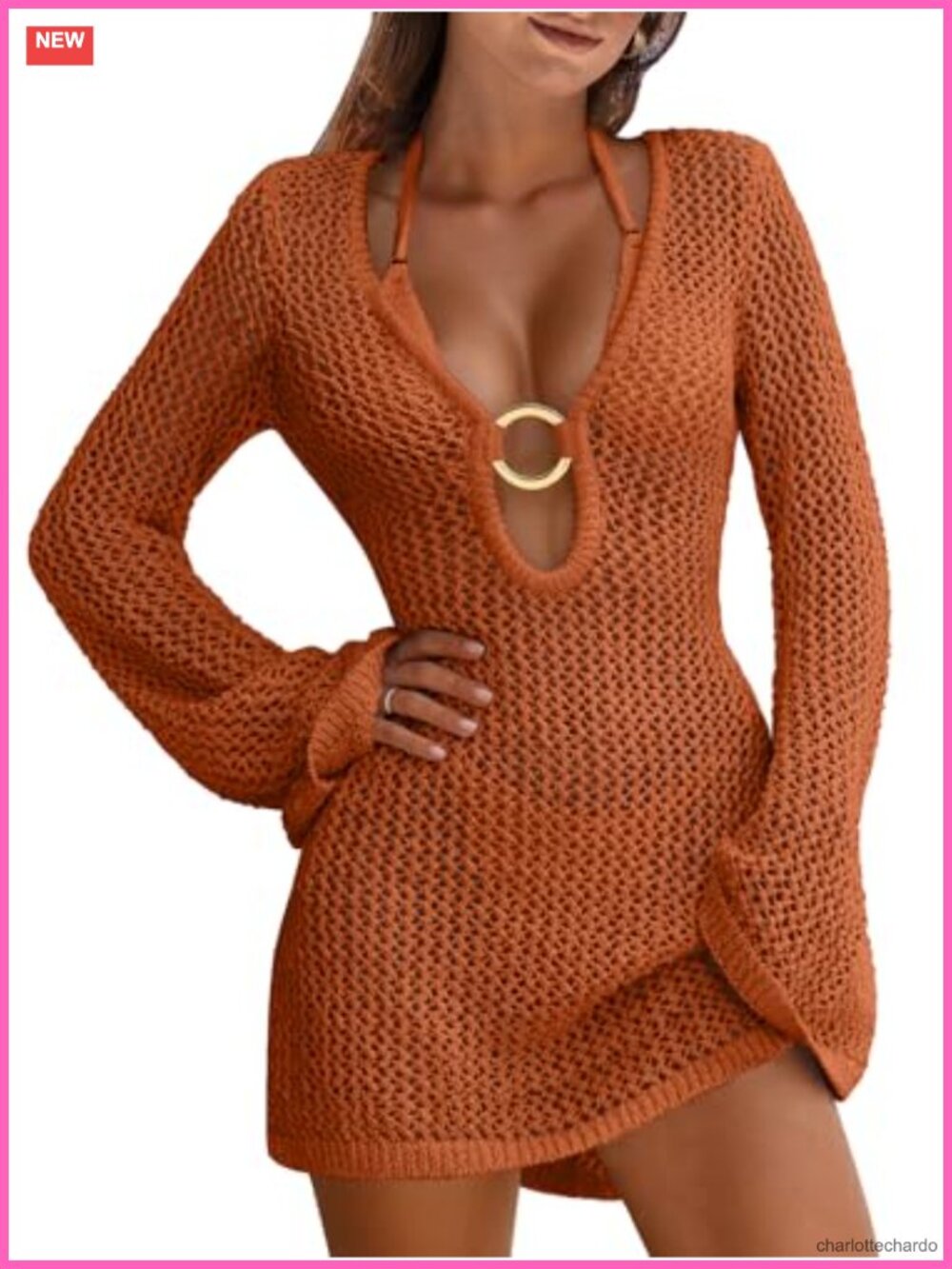 Crochet Knit Swim Cover Up Hollow Out V-Neck Long Sleeve Beach Dress